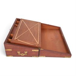 Mid 19th century brass bound mahogany writing box, with flush handles and side draw, the hinged lid opening to reveal a green felt writing slope, H16cm, L46cm 