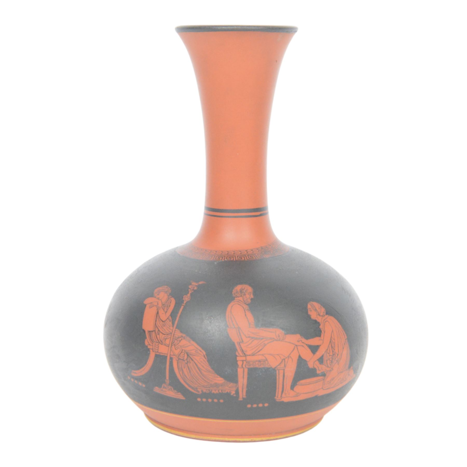 Bishops Waltham vase, of squat baluster form with elongated fluted rim, decorated with classical figures and Greek key banding, H21cm