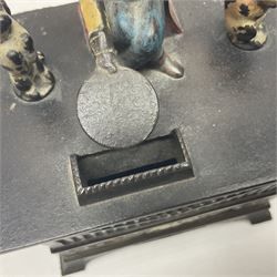 American 'Organ Bank' musical cast-iron mechanical money bank with hand cranked action and seated figure with two dancing dogs on top; locking door to base (no key); marked to the back 'Pat June 13 1882', H19cm