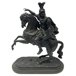 Late 19th Century cast brass figure of classical Greek soldier on a rearing horse, H37cm