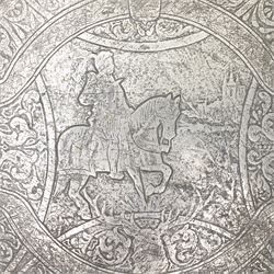 17th/18th century pewter dish, probably continental, engraved with hunting scenes, stags head etc D46cm