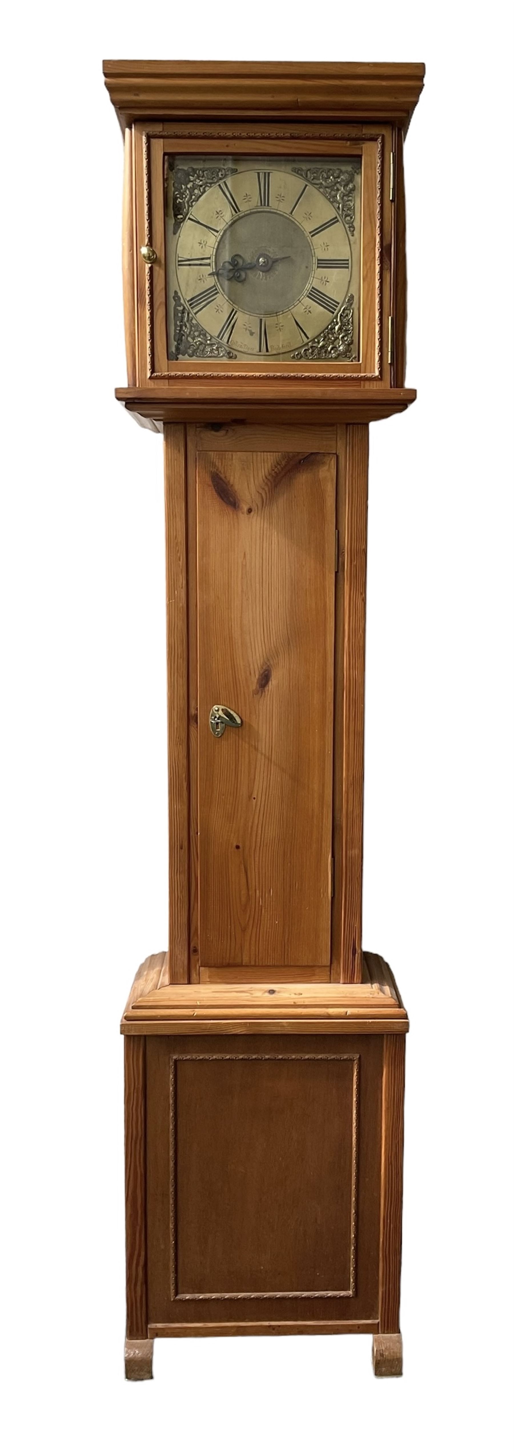 Contemporary Pine longcase clock -  With an early single handed 18th century 30hr movement and dial, movement and dial by Ephraim Dyer of Bideford, 1683-1723, brass dial with a matted dial centre, cast spandrels, single steel hand and chapter ring with Roman numerals, dial pinned to a chain driven birdcage movement with a countwheel strike, striking the hours on a bell. No weight or pendulum.