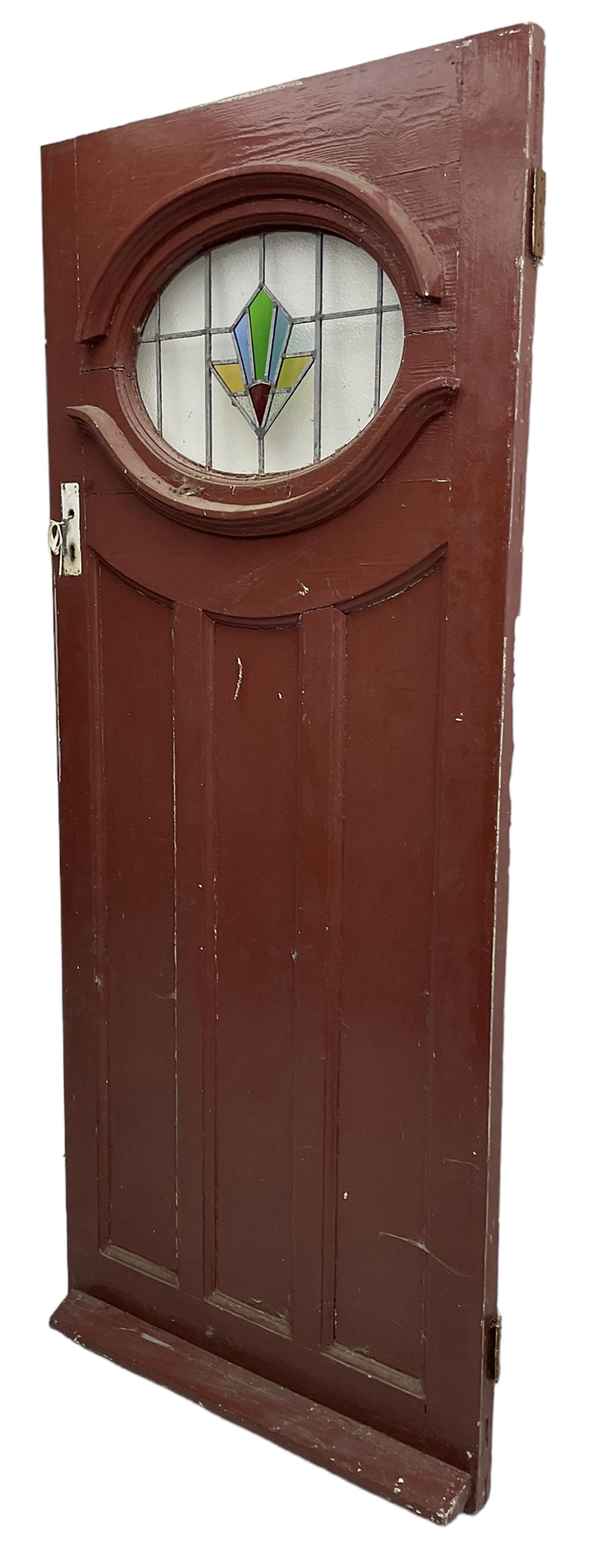1930s external door with stained leaded glass panel (86cm x 203cm), six small stained glass windows in wooden frames (W52cm); and various loose stained leaded glass panels