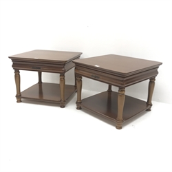  Pair cherry wood side tables, single drawer, turned supports joined by solid undertier, W60cm, H49cm, D60cm  