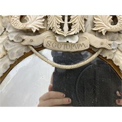 Pair 19th century French Dieppe bone and ivory wall mirrors, the oval bevelled mirror plates within rectangular frames with shaped tops, profusely decorated with ivory leaves, further detailed with carved bone armorial type crest inscribed 'SGOTORVM', putti, fish and mask heads, H81cm W48cm