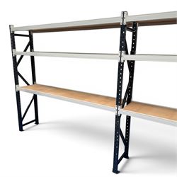 Two bays of Constructor warehouse racking with MDF boards