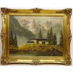  Wolfgang Heinz Unger (German 1929-): Alpine Cabin, oil on canvas signed 59cm x 79cm   