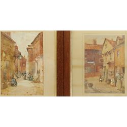 John Wynne Williams (British fl.1900-1920): 'Playtime' and 'Gossiping' - 'A Glimpse of Old Scarborough', pair watercolours signed, the latter dated 1901, titled on the mounts 36cm x 24cm (2)