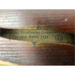 Late 19th century French three-quarter size 'Conservatory' violin with 34cm two-piece maple back and ribs and spruce top, the peg box inscribed 'Conservatory Violin Straduari', bears label 'Antonius Stradiuarius Cremonensis Faciebat Anno 1721' L55.5cm overall; in ebonised wooden 'coffin' case