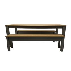 Oak and painted finish rectangular dining table, and two benches