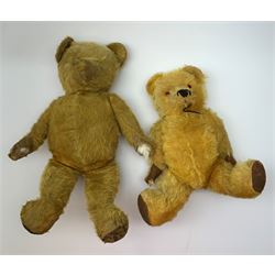 Five British teddy bears 1930s-50s including Irish Tara bear with swivel jointed head, glass eyes, vertically stitched nose and mouth, inoperative musical movement and jointed limbs H15