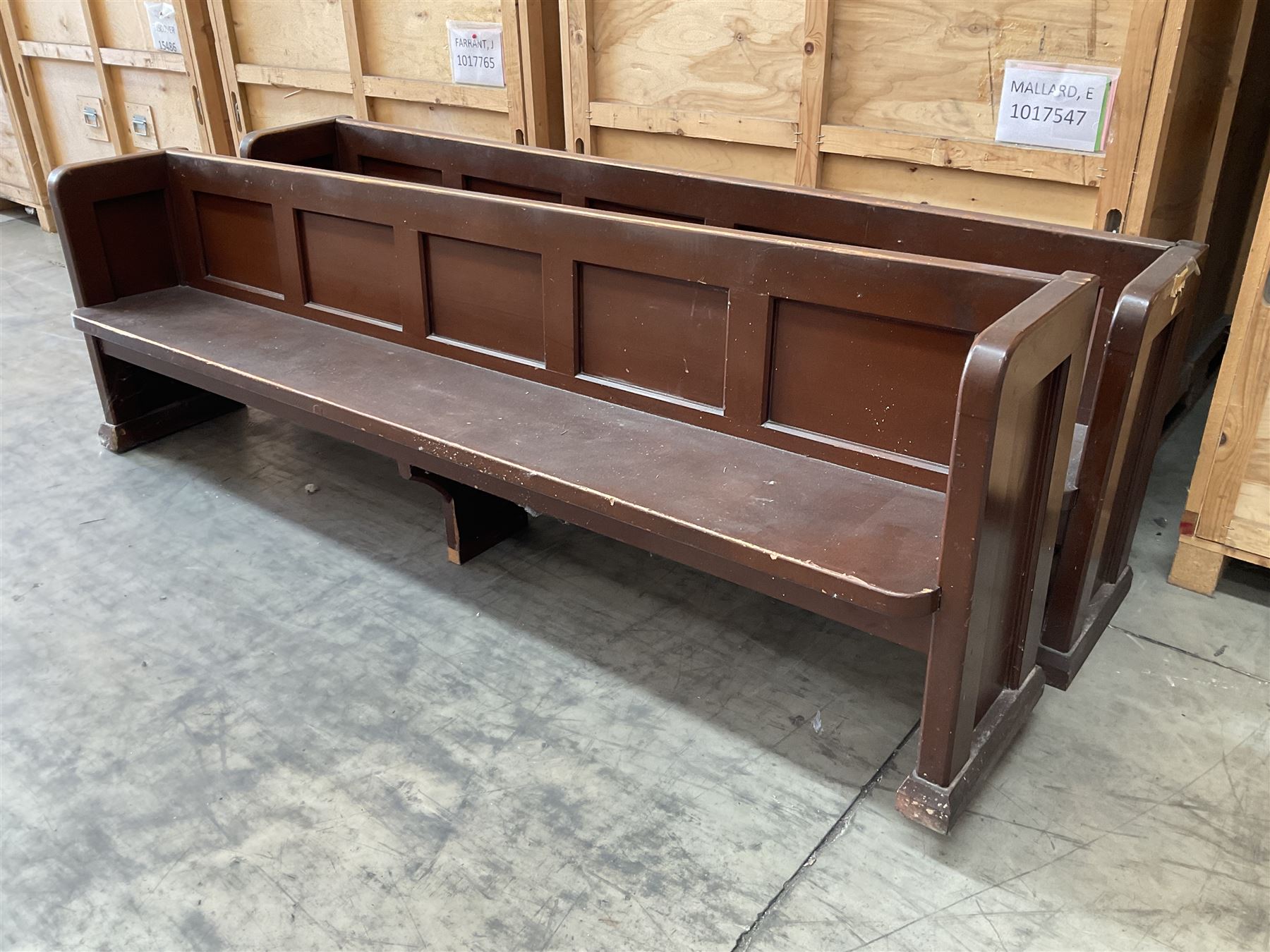 Pair of brown painted wooden church pews  - THIS LOT IS TO BE COLLECTED BY APPOINTMENT FROM DUGGLEBY STORAGE, GREAT HILL, EASTFIELD, SCARBOROUGH, YO11 3TX