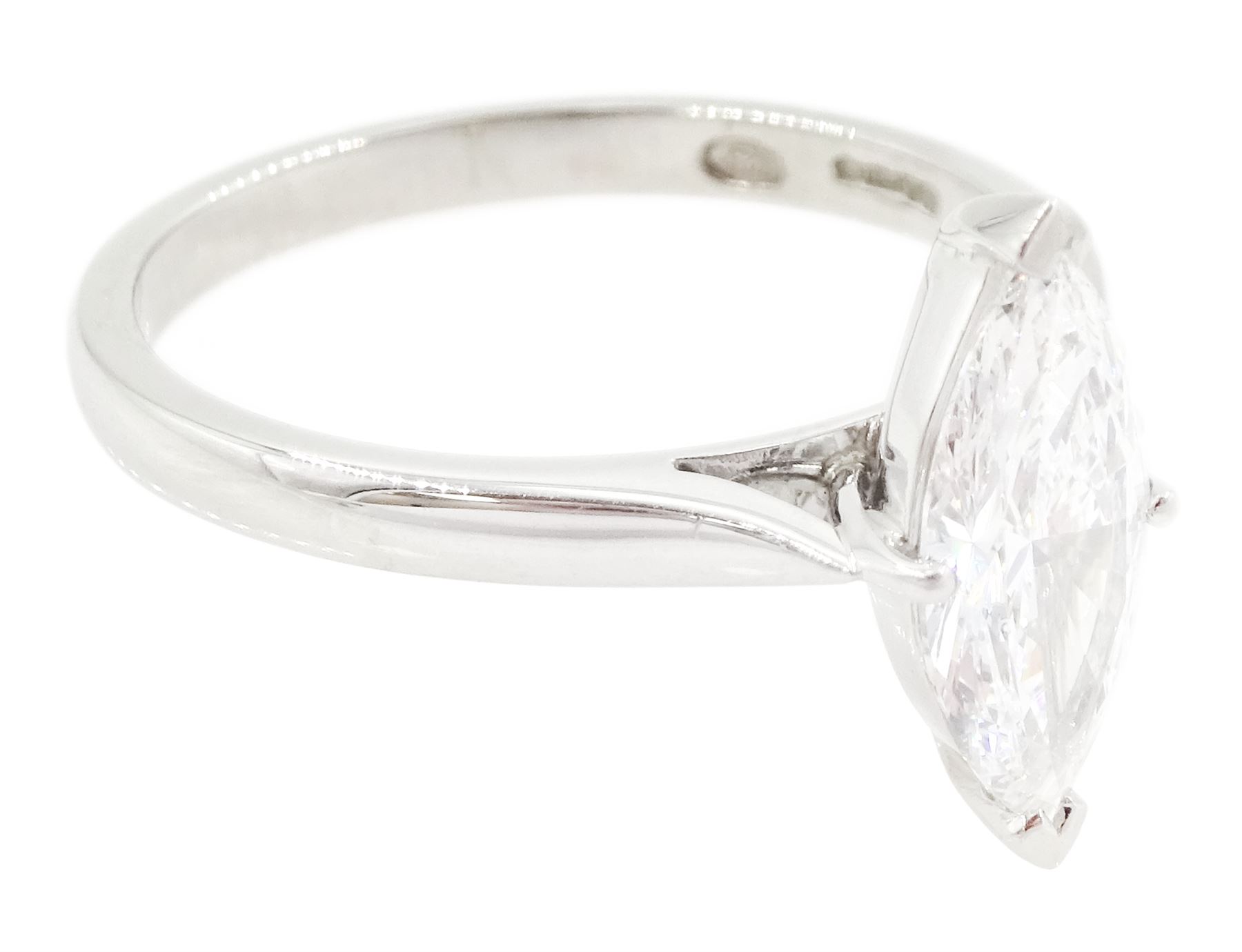 Platinum diamond ring, four claw set with a single marquise cut diamond of 1.01 carat, London 2014, with GIA report