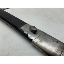 Mid-19th century Custom’s officer/Constabulary sidearm, with plain 60.5cm slightly curving fullered blade double edged at tip,  steel knucklebow and downswept quillon, stepped pommel and ribbed fishskin grip; in leather covered scabbard with steel locket, frog stud and chape L76cm overall