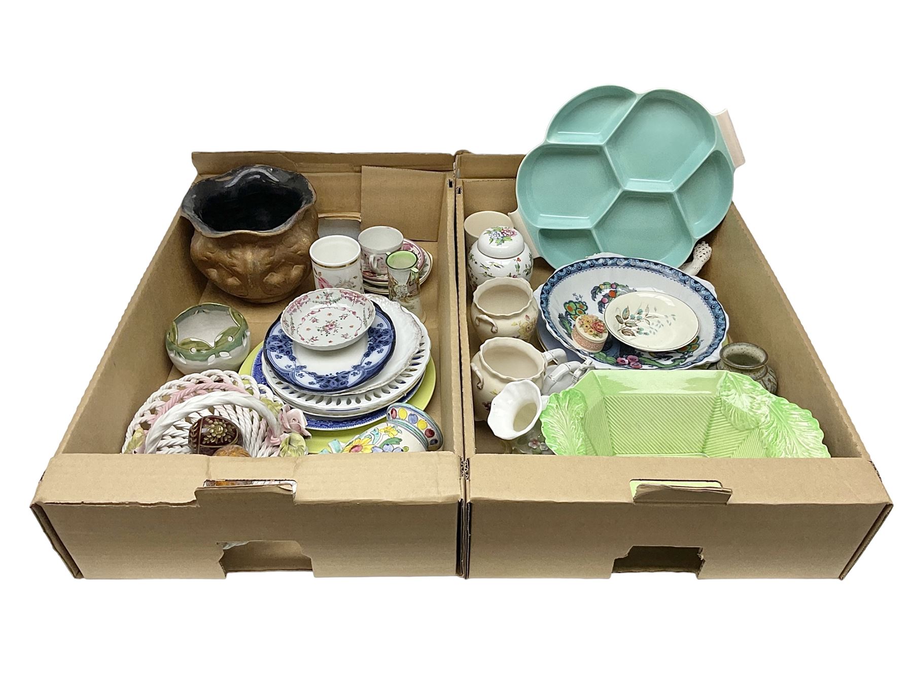 Collection of ceramics to include Bretby jardinière, Royal Worcester, Palissy, Royal Doulton Dickens Ware, Carlton ware, 19th century small dish painted with roses and foliate decoration, lustre, Poole etc in two boxes
