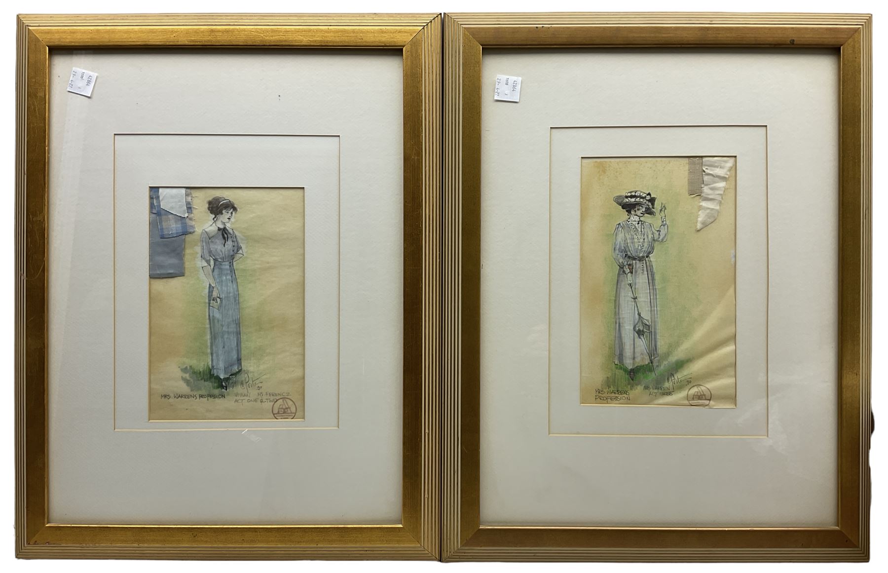 John Cameron Porteous (Canadian 1937-): 'Mrs Warren' 'Vivien' 'Crofts' and 'Rev Samuel Gardner', set four Play Wright pictures from 'Mrs Warren's Profession' signed titled and dated '90, 29cm x 20cm (4)