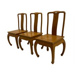 Oriental hardwood rectangular dining table, and six high back dining chairs with solid seats