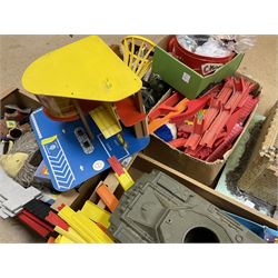 Vintage and later toys to include Mettoy playcraft car park model, quantity of car track, various plastic figures and accessories, tank, stuffed toys etc in approx 6 boxes