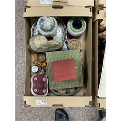 Collection of decorative items, to include two Cloisonne ginger jars, two 20th Century Chinese silk paintings and East Asian ceramic tableware items, in four boxes