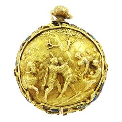 18th century 18ct gold fusee lever full hunter repousse pocket watch with later 19th century modifications to the movement, the 18th century case depicting figures in front of a tree with sheep in the background and enamelled leaf surround, the reverse depicting a classical scene with figures and horses, the side with enamelled bird and foliate decoration, 18th century polychrome dial with gilt hour hand, Roman numerals and quarter hour markers.
