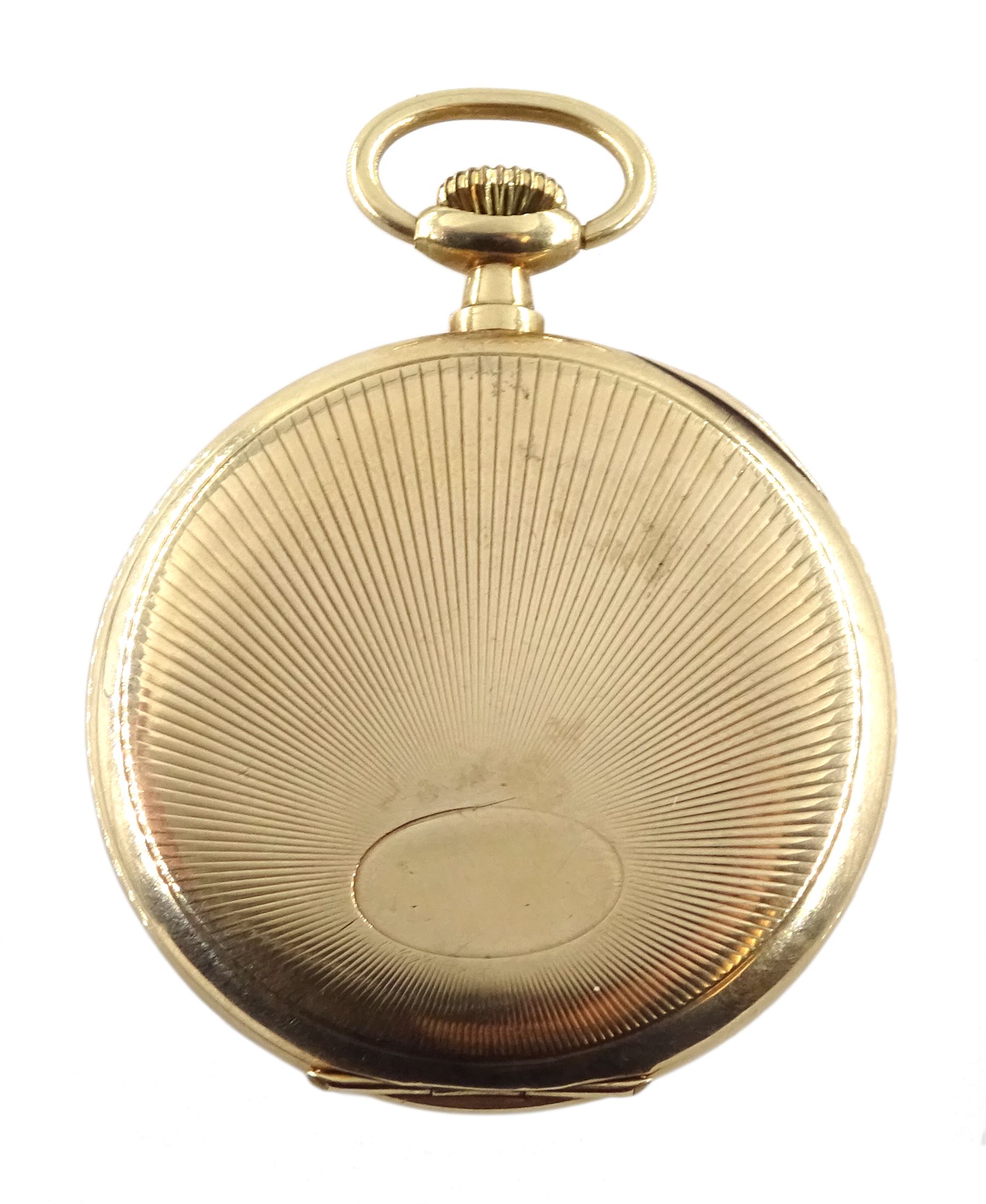 Early 20th century Swiss 9ct gold open face, keyless slimline pocket watch, Poinçon de Maître hammer head, No.115, blue Arabic numerals and subsidiary seconds dial, engine turned sunburst back case with cartouche, London import marks 1926