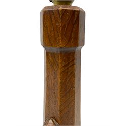 'Mouseman' circa. 1950s tooled oak table lamp, the figured octagonal tapered stem carved with mouse signature, by Robert Thompson of Kilburn