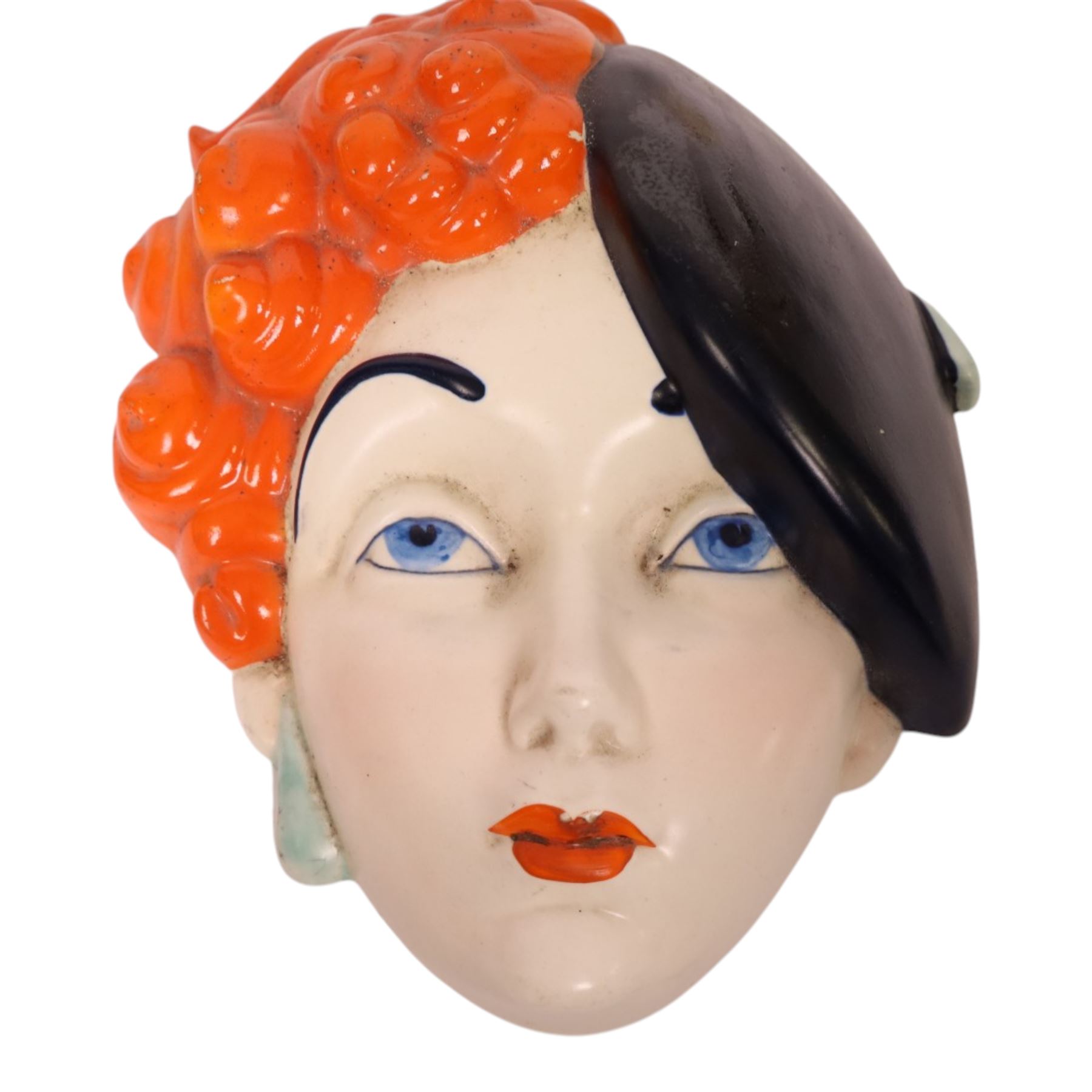 Beswick Ware Art Deco wall mask, with orange hair waring a beret, marked to the back Beswick wares 314 and 7972, H24cm