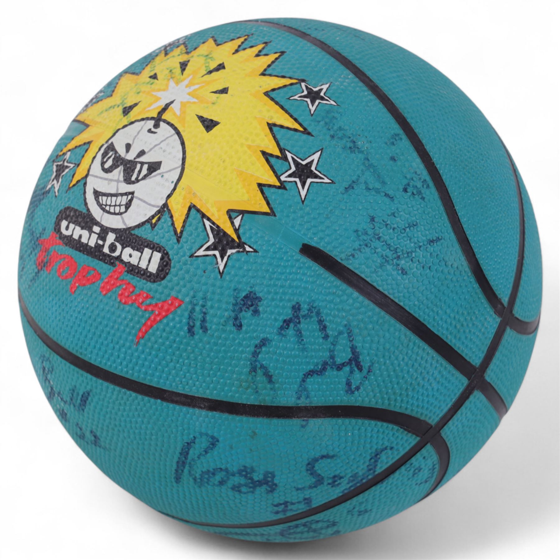 Four signed balls, including golf ball, signed at 2002 British open by Bernard Langer, Uni-Ball Basket Ball, signed by Edinburgh Rocks team 1998/99, football signed by Heart of Midlothian team, signed baseball and an unsigned Gunn & Moore cricket ball