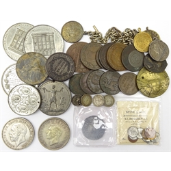 Collection of coins, tokens, medals and miscellanea including 1812 one penny token, Edinburgh 1791 half penny token and various other provincial tokens, 'imitation half penny' designed by Lauer and other similar model/toy miniature coinage, King George V 1935 crown and King George VI 1937 crown, various Queen Victoria commemorative medals, pair of coin cufflinks etc   