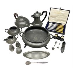 Selection of pewter wares including Culfonia tea wares, together with a cased set of butter knives 