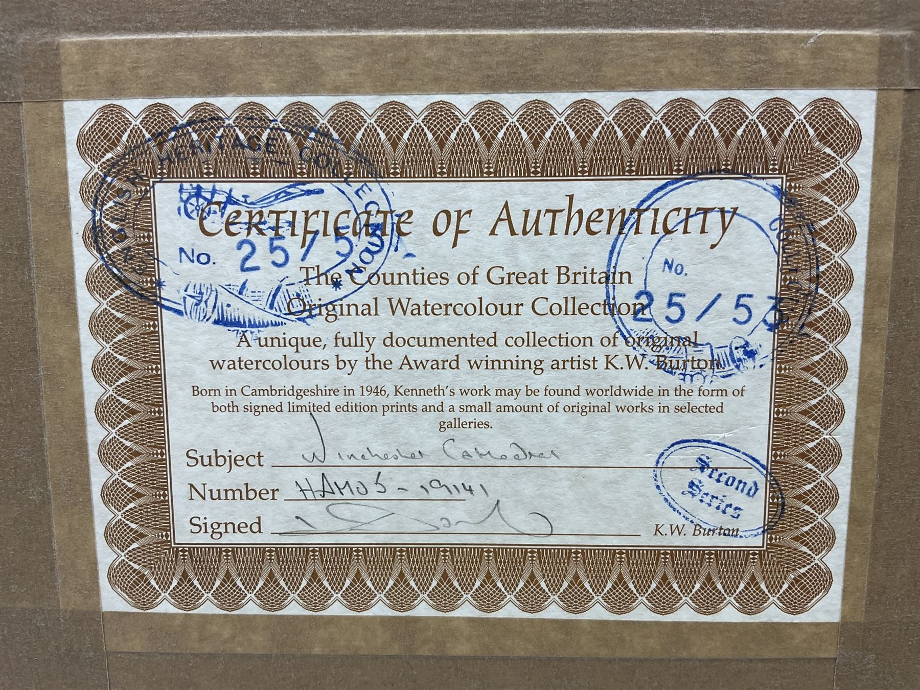 Kenneth W Burton (British 1946-): 'Alnwick Castle - Northumberland' and 'Winchester Cathedral', pair watercolours from the 'Counties of Britain' series signed, titled verso 14cm x 21cm (2)