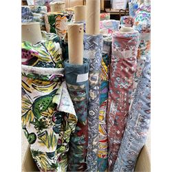 Haberdashery Shop Stock: Various rolls of chintz and patterned rolls of fabric including a towelled chintz fabric and others, mostly synthetic (qty) in one box