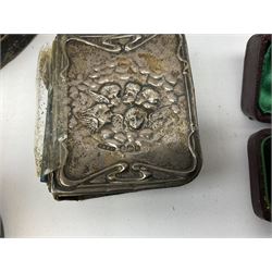 Group of silver, to include filled figure of a pheasant, hallmarked for London, pair of silver mounted horn napkin rings, miniature Edwardian bible with silver cover embossed with putti, Victorian silver brooch, ebonised plinth with applied inscribed silver shields, etc., together with two stick pins, one example with 9ct gold terminal 