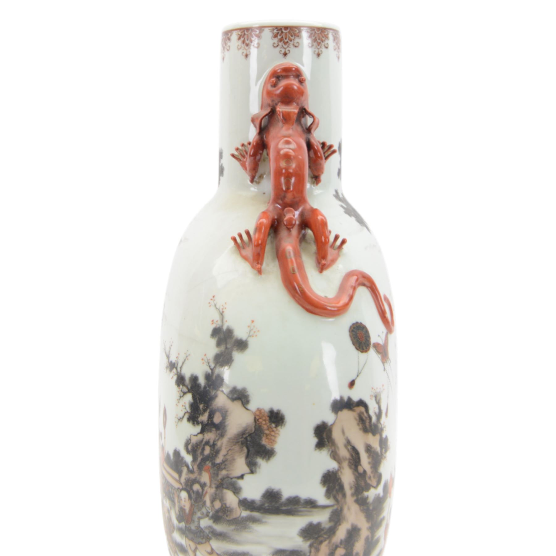 Chinese Republic period porcelain moon flask vase, of typical compressed spherical form, the neck and shoulders with applied iron red dragon handles, the body decorated in iron-red and grisaille with a 'one hundred children' design, depicting various children at play and engaged in musical pursuits within a garden setting, with apocryphal Qianlong mark beneath, H47cm