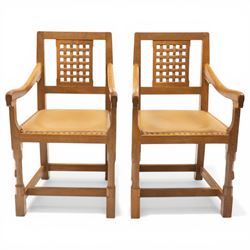 Rabbitman - pair of Yorkshire oak carver open armchairs, pierced and carved lattice back o...
