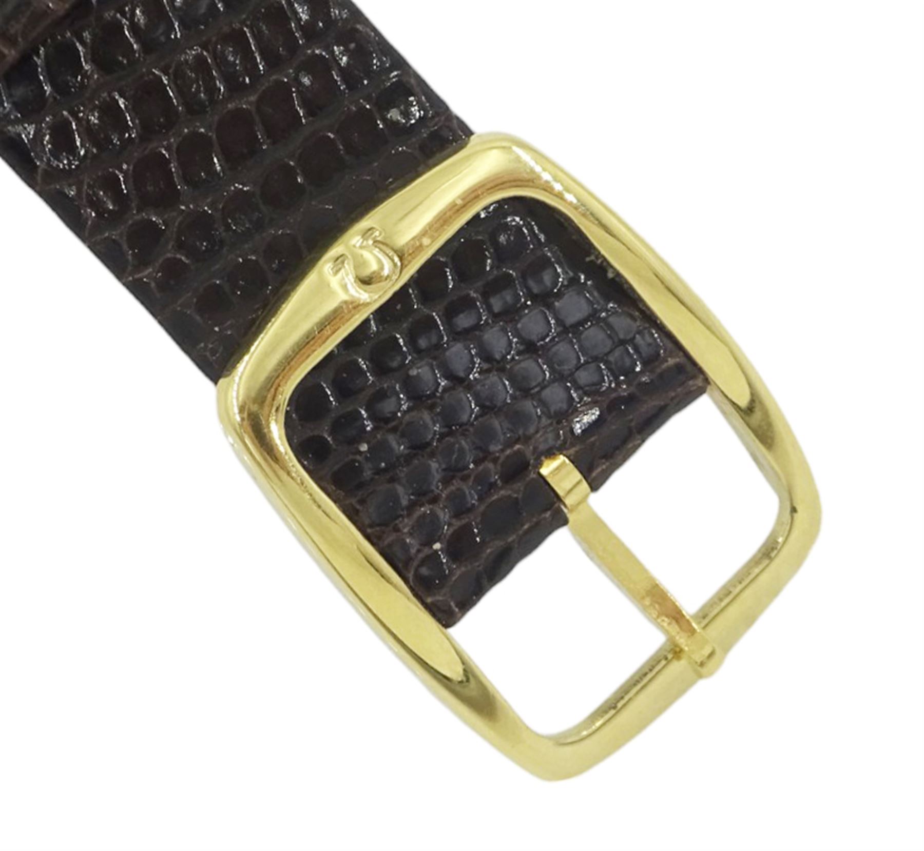 Omega gentleman's 9ct gold automatic wristwatch, silvered dial with baton hour markers and date aperture, on Omega brown leather strap, with Omega gold-plated buckle, boxed