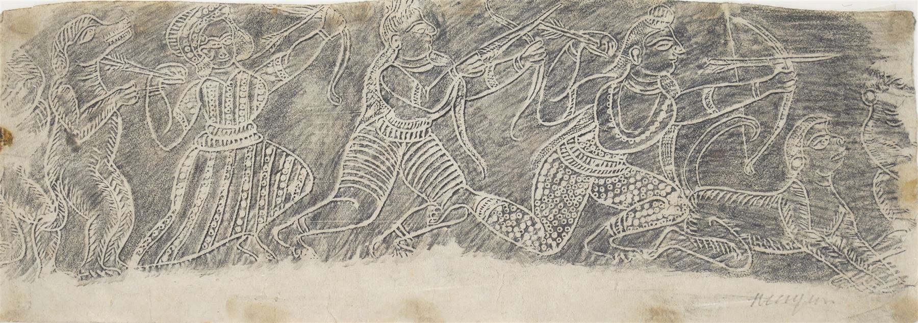 LTP Manjusri (Sri Lankan 1902-1982 - Columbo '43 Group): 'The Battle', pencil rubbing on paper signed in pencil 10cm x 27cm (unframed)
Notes: LTP Manjusri was a pioneering modern Sri Lankan artist and a founding member of the Colombo ’43 Group, known for works that integrate Buddhist themes with modern techniques across paintings, murals, and etchings.