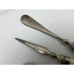 Magnifying glass, letter opener and shoe horn set, with bone handles and silver plated finials 