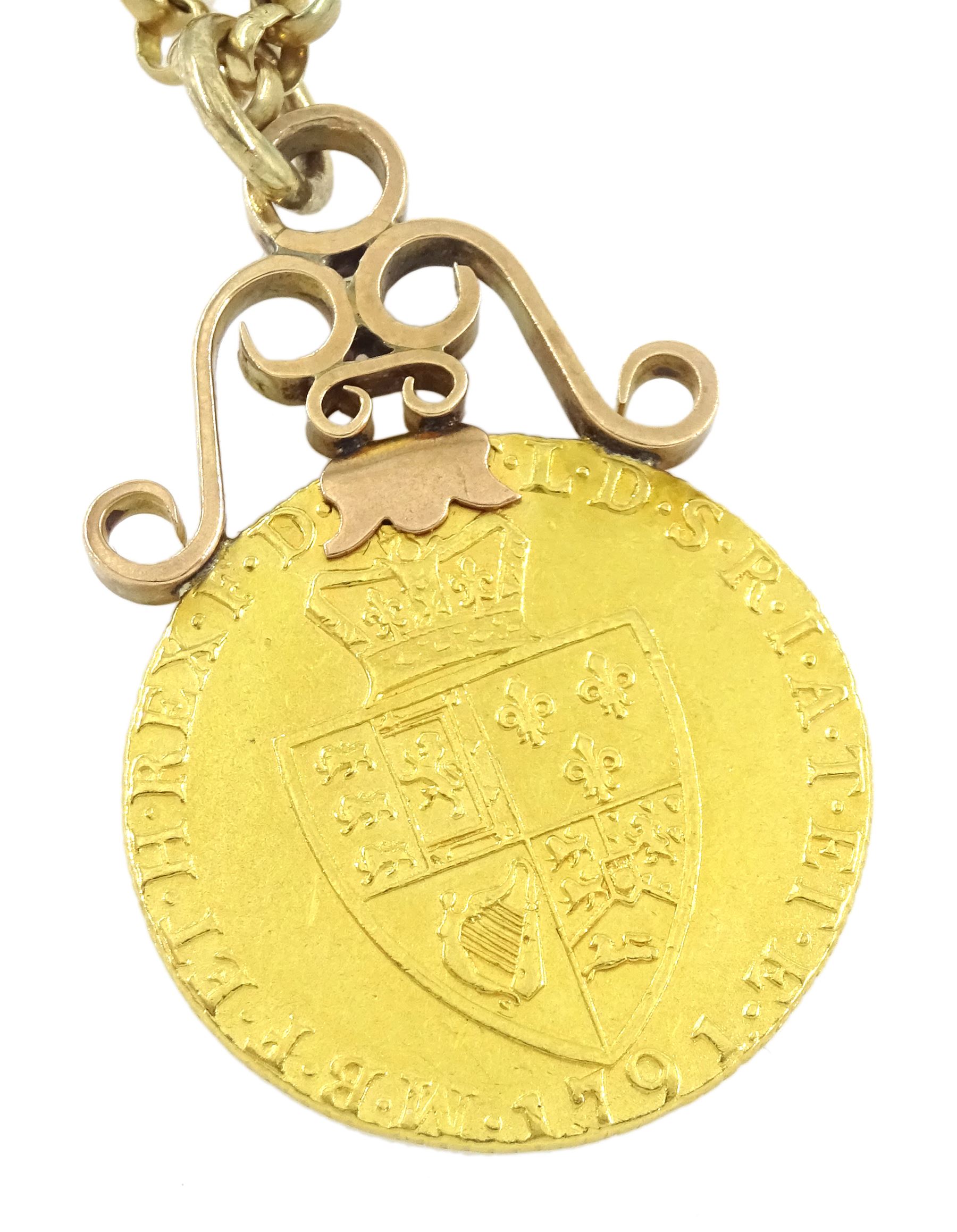 King George III 1791 gold spade guinea coin, soldered 9ct rose gold mount, on 9ct gold belcher link chain necklace