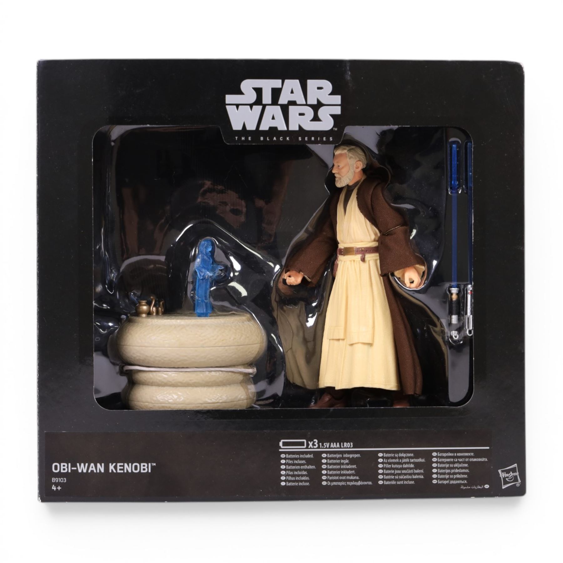 Four Star Wars Black Series figures, comprising Obi Wan Kenobi, First Order Storm Trooper, Speeder Bike Biker Scout and Imperial Shadow Squadron, all boxed