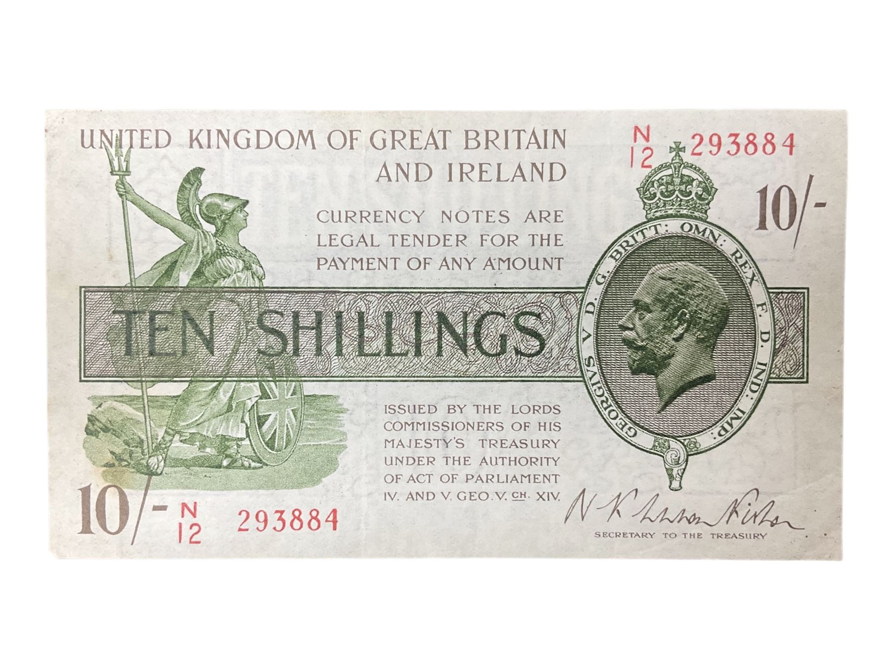 United Kingdom of Great Britain and Ireland Fisher second issue ten shillings banknote ‘N12 293884’