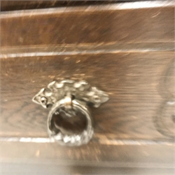 Priory oak court cupboard sideboard, raised back with two lead display doors above two drawers and two cupboards, stile supports, W123cm, H126cm, D45cm