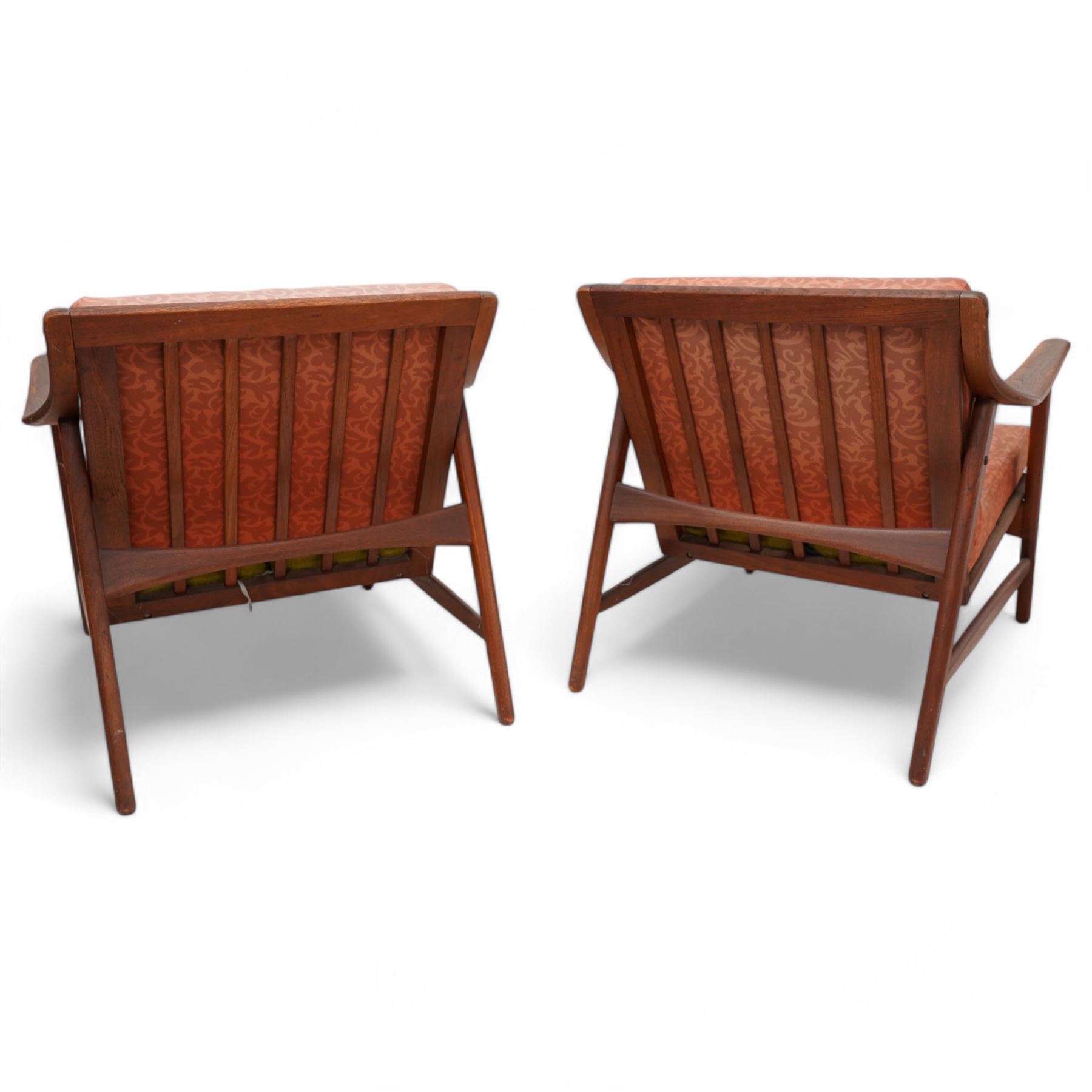  Arne Hovmand-Olsen (1919-1989) for Mogens Kold of Denmark - pair of mid-20th century teak open easy chairs, sprung loose cushions upholstered in loose foliate patterned burnt orange fabric, stamped to underside of chair