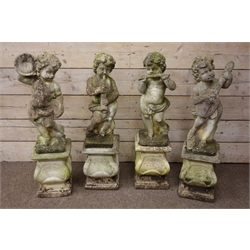  Set of five composite stone cherub musician figures, each playing a different instrument, with four shaped square pedestals, H110cm, (9)   