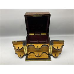 19th century figured walnut and brass bound decanter box by Soutter & Son of Edinburgh, the hinged top with inset brass panel engraved with prancing wild cat beneath a banner inscribed with the Clan Macpherson motto 'Touch not the cat bot a glove', above twin hinged doors; opening to reveal an inset brass plaque inscribed 'Soutter & Son 102 Princes St Edinburgh', and burgundy velvet and leather lined interior containing two 19th century facet cut decanters each with octagonal and hobnail cut bases and engraved wild cat to front, the fitted satinwood front containing a set of six liqueur glasses, H23.5cm W23cm D20.5cm