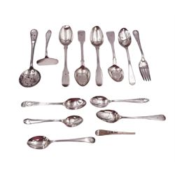 Group of Georgian and later silver flatware, to include teaspoons, fork and pusher, of varying styles, all hallmarked 