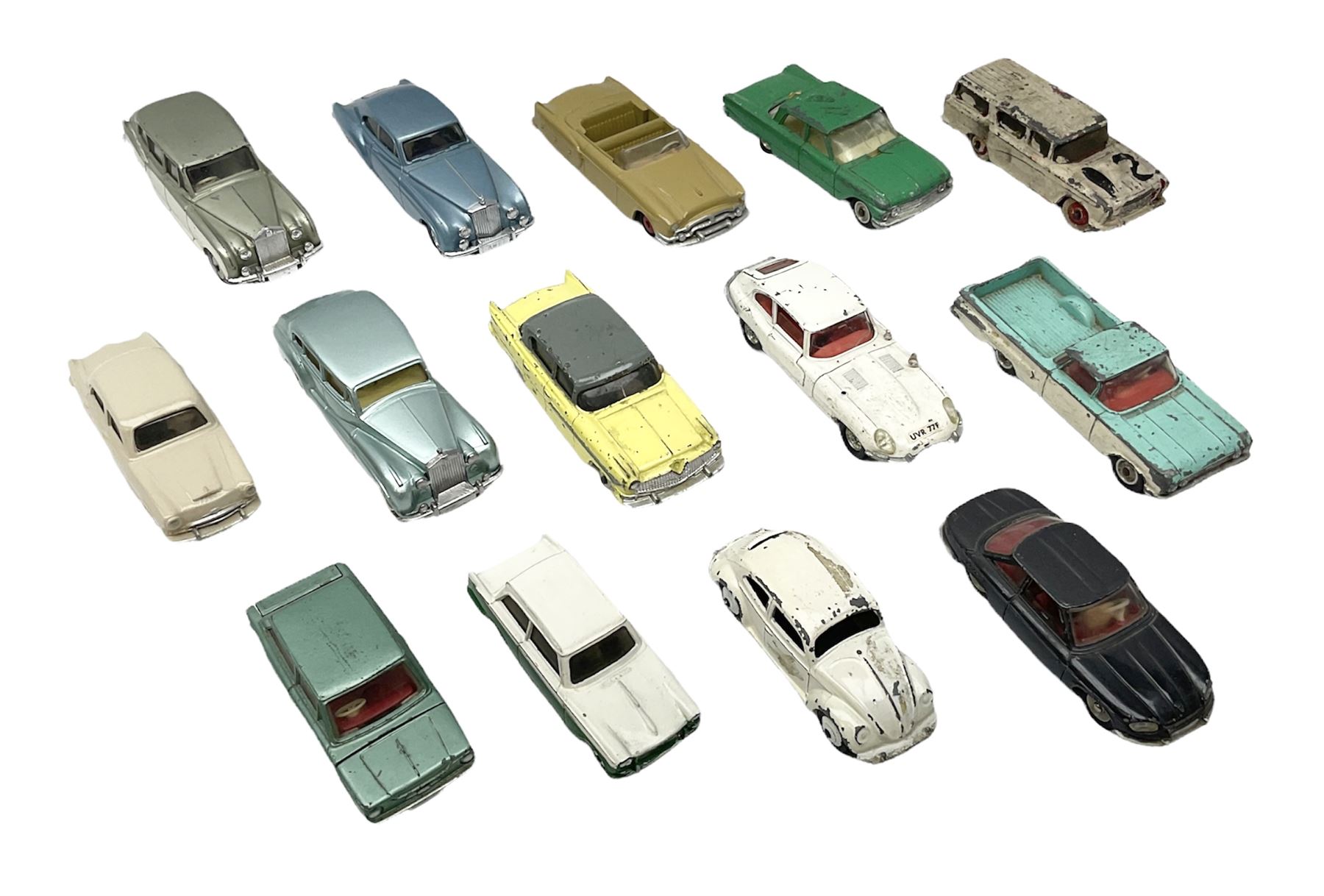 Dinky - thirteen unboxed and playworn/repainted early die-cast cars including Packard No.132, Austin A105 No.176, Rolls-Royce Silver Wraith No.150, Triumph Herald, Hillman Imp No.138, Rolls-Royce Phantom V No.198, Jaguar 'E' Type 2+2 No.131, Chevrolet El Camino No.449, French Panhard 24 No.524, Hudson Hornet No.174 etc; and Matchbox Dinky 1955 Bentley 'R' Type Continental (14)