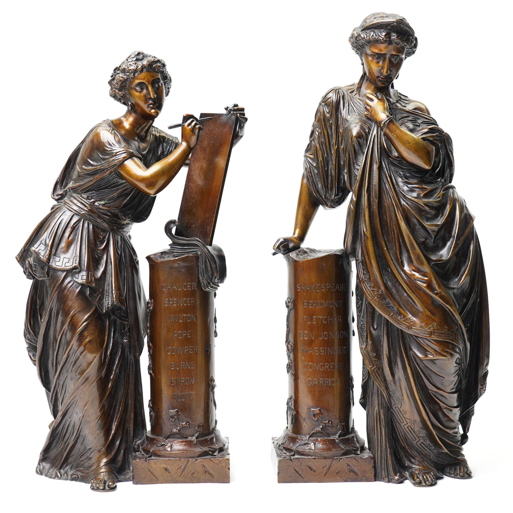 After the Antique - a pair of important 19th-century patinated bronze allegorical figures representing Calliope and Melpomene, the Muses of Epic Poetry and Tragic Drama, each modelled as a classically draped female figure standing beside a pedestal with climbing ivy, Calliope depicted writing upon a tablet, embodying poetic inspiration; Melpomene shown in contemplative pose and wearing a serpent bracelet, emblematic of wisdom, transformation and the inspired voice of drama, the pedestals inscribed respectively with the names of celebrated English poets and playwrights including Chaucer, Spenser, Milton, Pope, Cowper, Burns, Byron and Scott; the other with Shakespeare, Beaumont, Fletcher, Ben Jonson, Massinger, Congreve and Garrick, on integral square bases, each bearing incised or stamped foundry or model numbers to the underside, H47cm