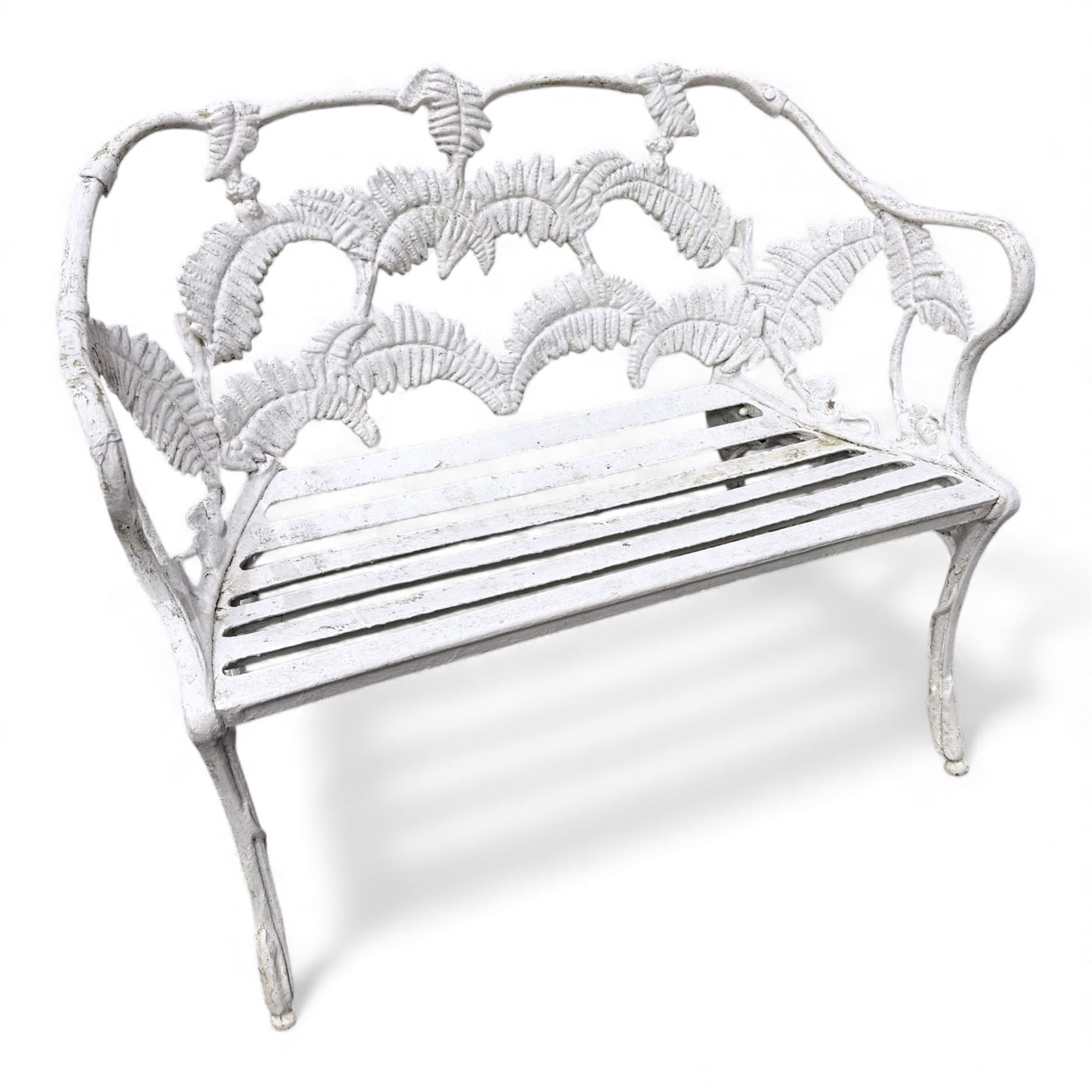 Pair of cast aluminium white painted Coalbrookdale design 'fern and blackberry' garden benches
