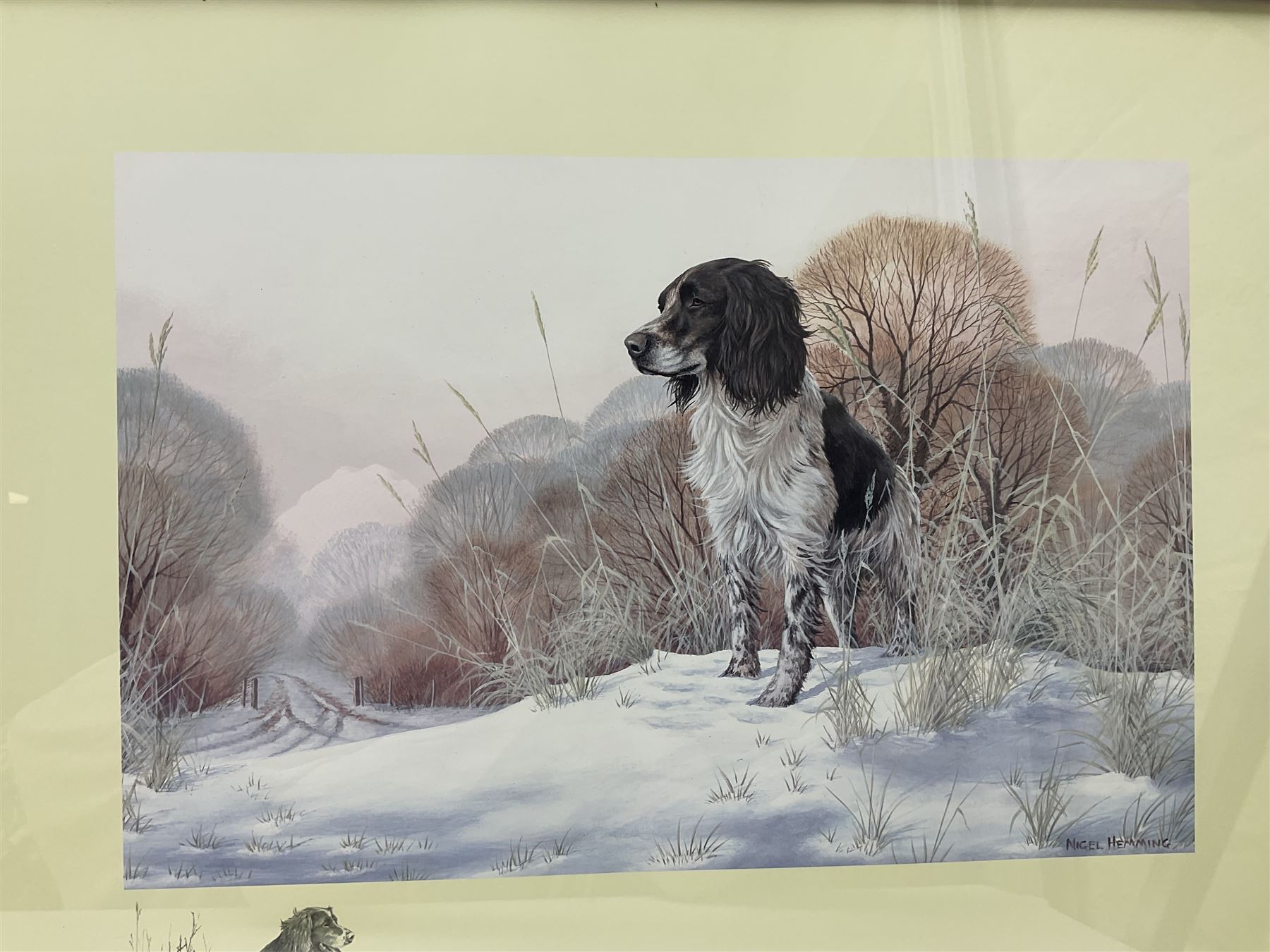 After Alan Ellison, limited edition colour print 'Working Springers' no.178/750 signed on the mount 43 x 59cm; and seven colour prints after Nigel Hemming of game birds and gun dogs; all framed (8)